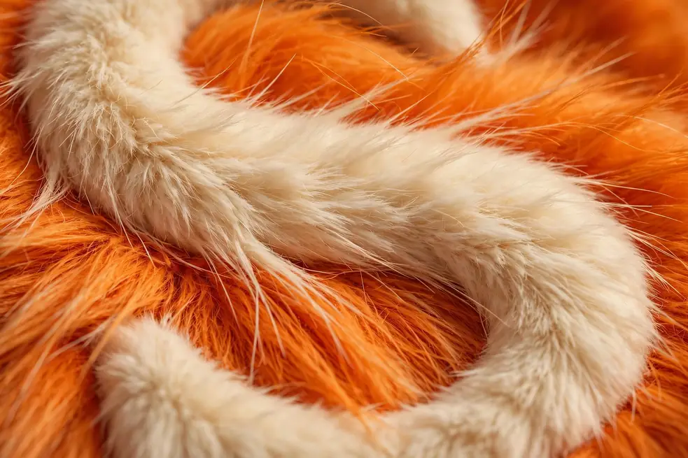 Back of the bright orange faux-fur bucket hat with the word SPRITZ inlaid in cream fur letters — fur intarsia