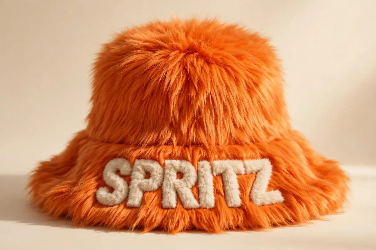 Macro close-up of a cream fur letter inlaid flush into bright orange faux fur — the seamless color boundary of fur intarsia