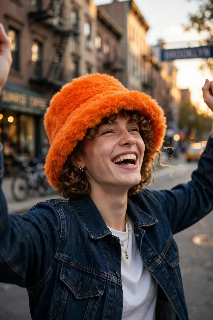 Four orange faux-fur bucket hats in a row, each with SPRITZ inlaid in a different fur letter color: gold, turquoise, hot pink, and purple